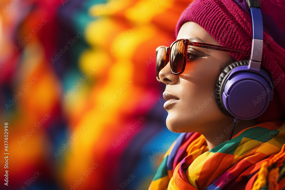 Portrait of a woman with headphones in a Pride Celebration. Love and Unity in Full Color. Generative AI.
