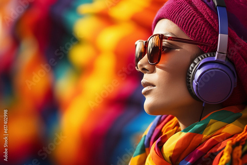 Obraz na płótnie Portrait of a woman with headphones in a Pride Celebration. Love and Unity in Full Color. Generative AI. w salonie