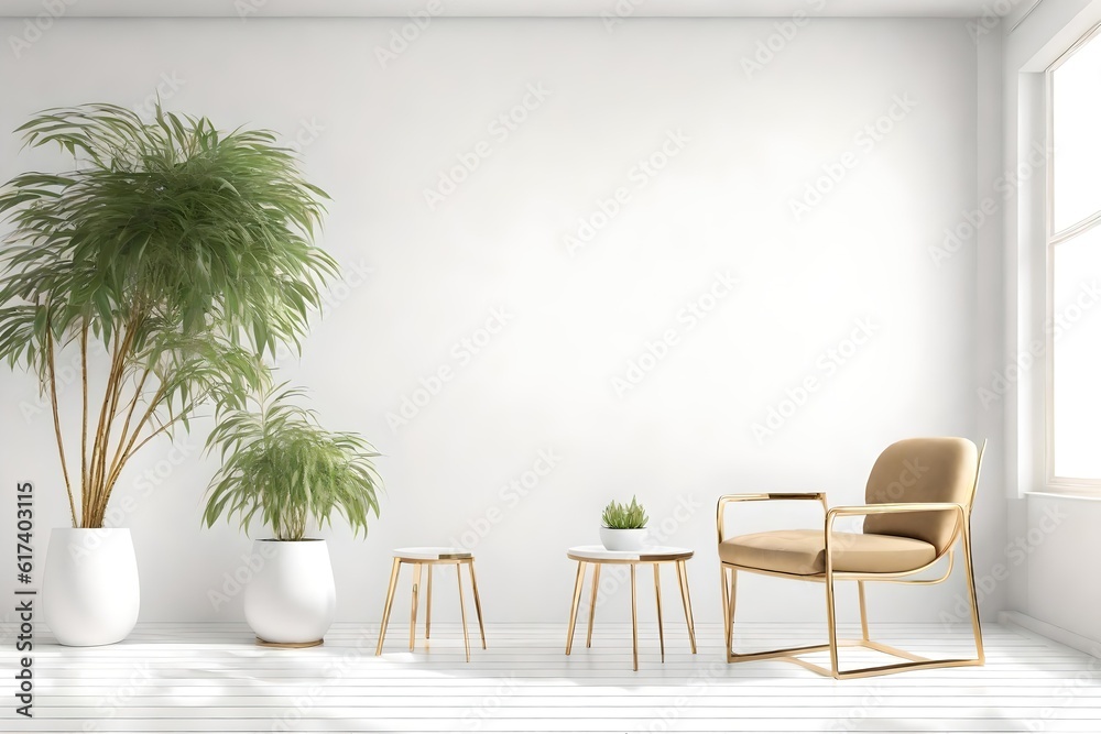 Empty white Room with chair and plant in the corner white and gold modern and contemporary design. Generative AI Empty white Room with chair and plant in the corner white and gold modern and contemporary design. Generative AI