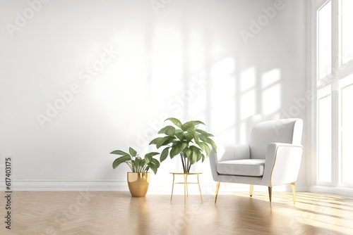 Empty white Room with chair and plant in the corner white and gold modern and contemporary design. Generative AI