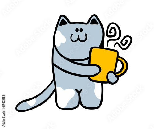 Cute domestic cat animal with cup of hot coffee or tea. Vector illustration of funny pet and drink.