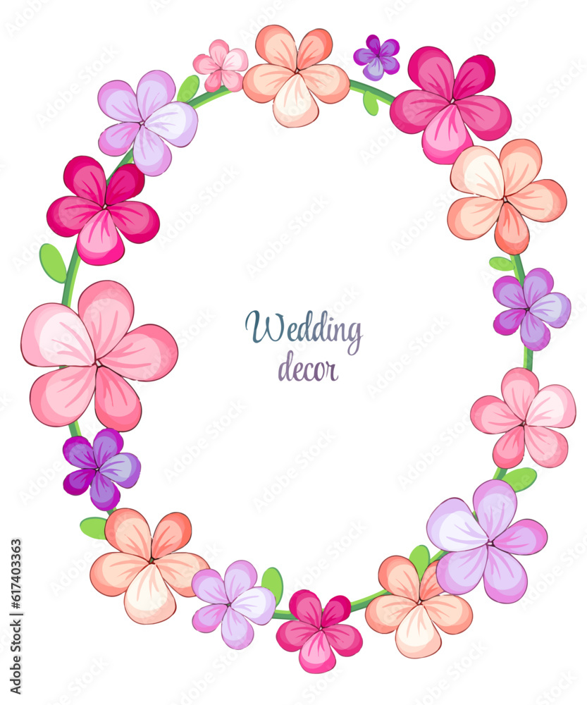 Festive decor, frame, flower wreath, wedding accessories. purple, pink, vintage style
