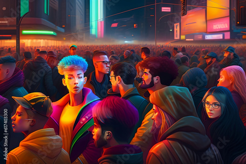 Abstract Group of Crowded People in Modern Style with Bright Lighting
