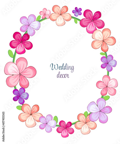 Festive decor  frame  flower wreath  wedding accessories. purple  pink  vintage style