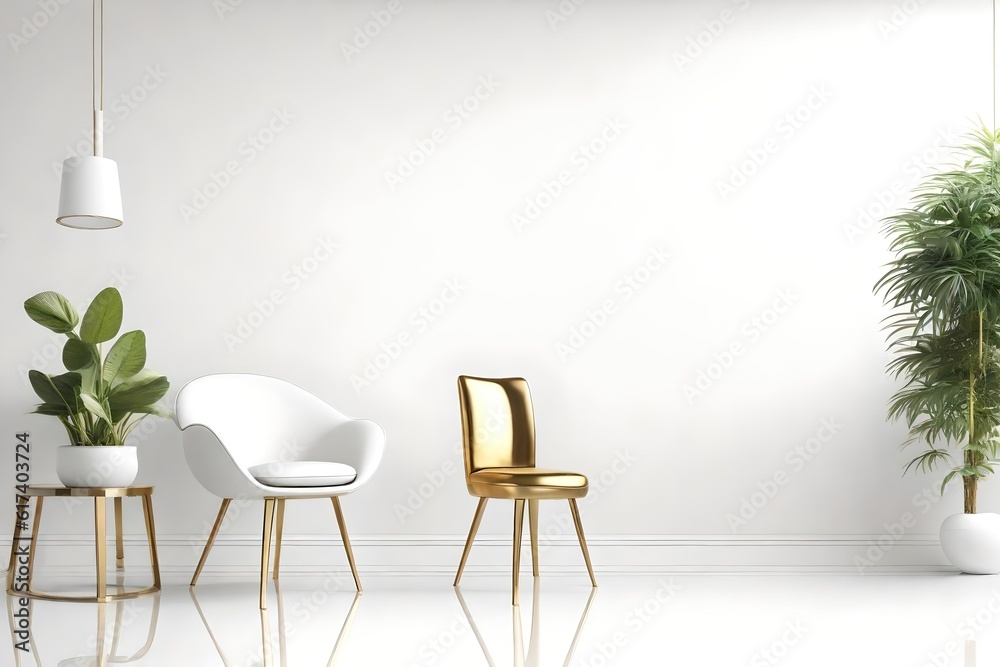 Empty white Room with chair and plant in the corner white and gold modern and contemporary design. Generative AI