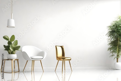 Empty white Room with chair and plant in the corner white and gold modern and contemporary design. Generative AI