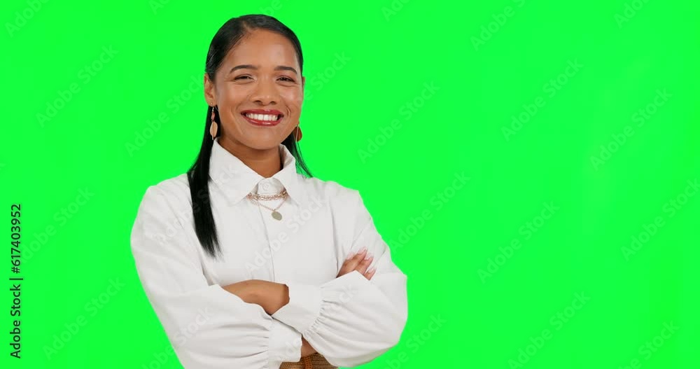 Face, business and woman with arms crossed, green screen and confident agent against a studio background. Portrait, copy writer and female person with a career, Mexican and professional with a smile. Face, business and woman with arms crossed, green screen and confident agent against a studio background. Portrait, copy writer and female person with a career, Mexican and professional with a smile.