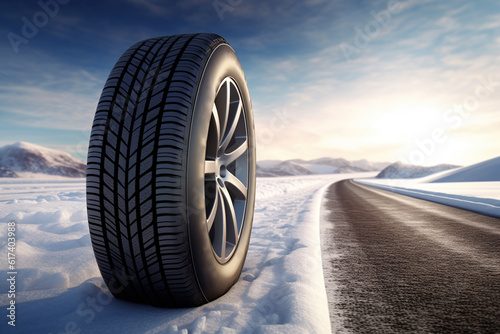 Aluminium alloy or steel auto wheel on the road with a winter landscape. Close-up of a car wheel with a rubber tire for winter weather. Generative AI