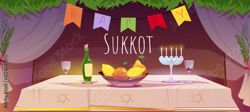 Jewish holiday happy Sukkot. Poster with festive traditional interior, table, wine and fruits. Banner with israeli hashanah celebration with arava and lulav. Cartoon flat vector illustration