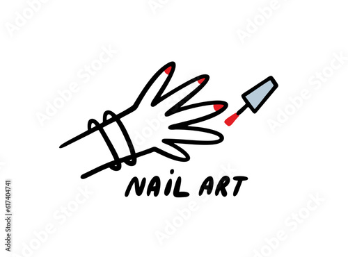 In a beauty salon, a woman gets a manicure, paints her nails with a red treat. Vector illustration of cartoon hands and brushes.