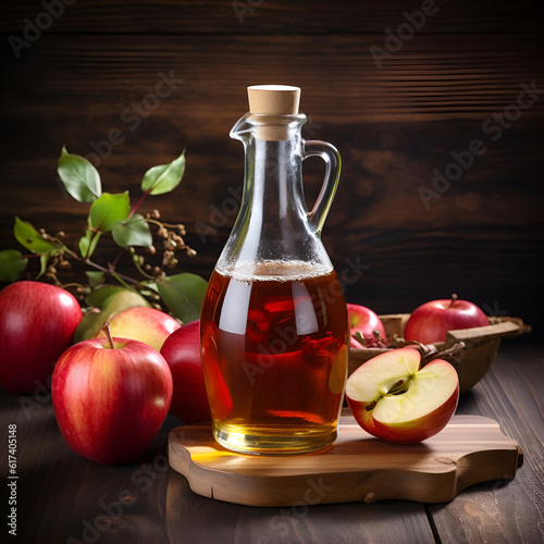 Bottle apple cider vinegar and fresh apples in wooden backgrounds. Ai generative