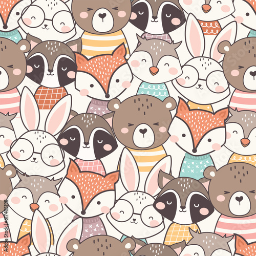 Cute Woodland Animals seamless pattern. Childish Cartoon Animals Background. Cute Cartoon fox, racoon, bear, rabbit, squirrel, and owl. design for background, wallpaper, fabric, textile and more. © LindaAyu