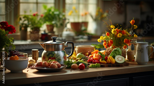 still life with tea and flowers