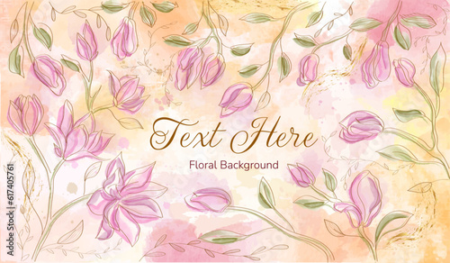Floral spring background. Banner with blooming flowers and pink buds in watercolor style. Abstract poster with linear gentle plants for invitations and cards. Cartoon flat vector illustration