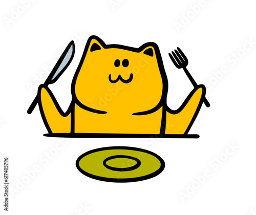 Hungry cat sits at the table in front of an empty plate with a fork and knife and waits for lunch. Vector illustration of feeding a kitten in a restaurant.