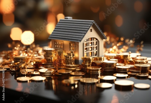 Housing and financial preparation for retirement, tiny house model on a row of gold coins