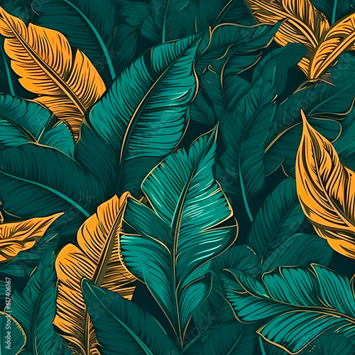 Seamless pattern with green and yellow tropical leaves on a green background. Nature concept. Generative Ai