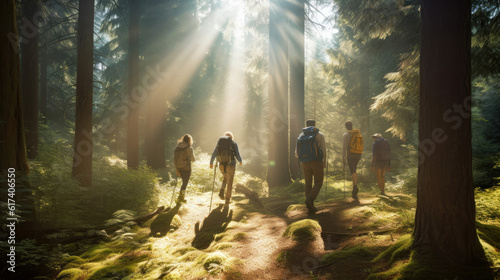 Group of friends hiking on path through forest in nature