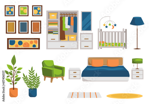 Set of furniture and interior stuff. Bedroom. Vector graphic.