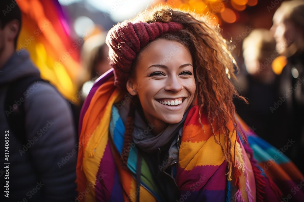Portrait of a woman in a Pride Celebration. Love and Unity in Full Color. Generative AI.