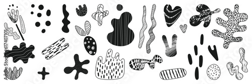 Set of abstract monochrome hand draw organic shapes, doodles and textures. Pack vector form for social media stories, branding, banner, collage, poster isolated on white background. 