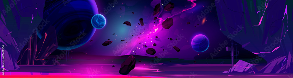 Alien planet landscape for space game background. Fantasy wallpaper with galaxy and planet ground with rocks and lava at night. Cosmic scene of Mars surface and nebula, vector cartoon illustration