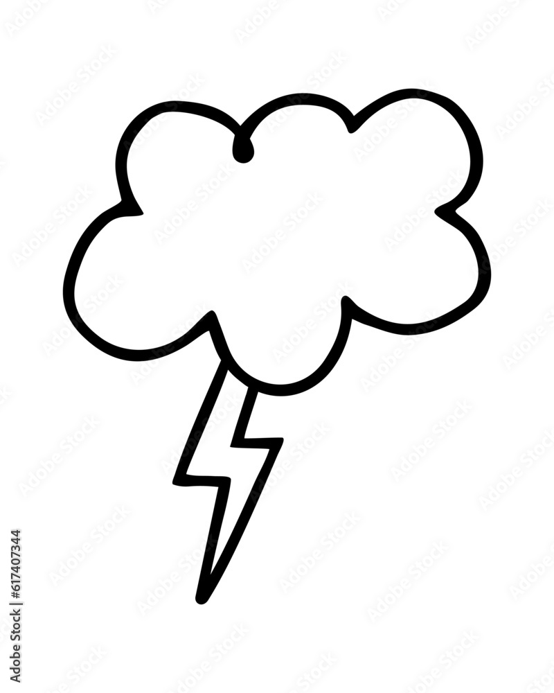 Cloud and lightning strike hand painted with brush. Doodle cloud and thunder bolt icon isolated on white background.