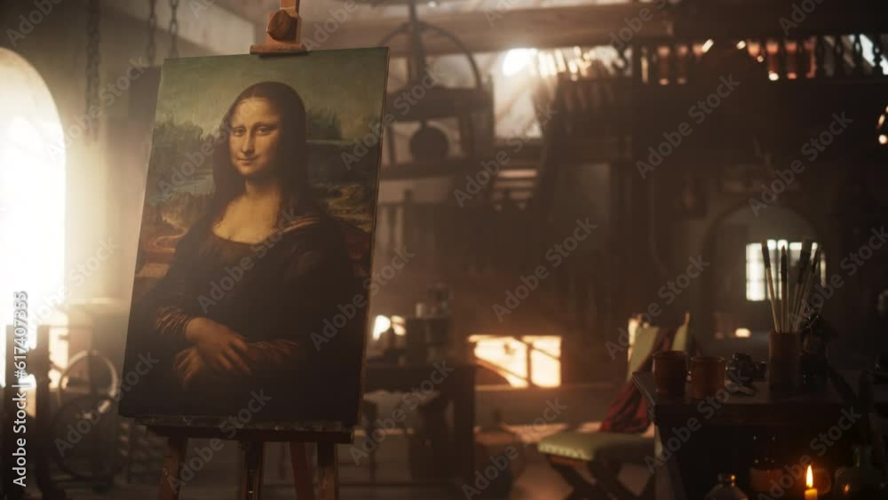 Empty Shot of the Painting of the Mona Lisa Put on a Wooden Easel in an Antique Workshop. Documentary Shot Depicting the Place Where the Genius of Leonardo Da Vinci Was Put on Canvas. Slow Dolly Empty Shot of the Painting of the Mona Lisa Put on a Wooden Easel in an Antique Workshop. Documentary Shot Depicting the Place Where the Genius of Leonardo Da Vinci Was Put on Canvas. Slow Dolly