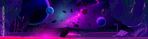 Alien planet landscape for space game background. Fantasy wallpaper with galaxy and planet ground with rocks and lava at night. Cosmic scene of Mars surface and nebula, vector cartoon illustration
