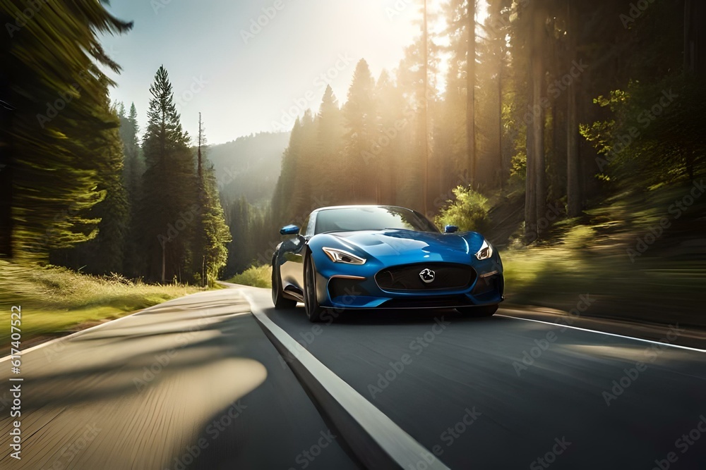 A luxury sports car driving on a scenic mountain pass, surrounded by ...