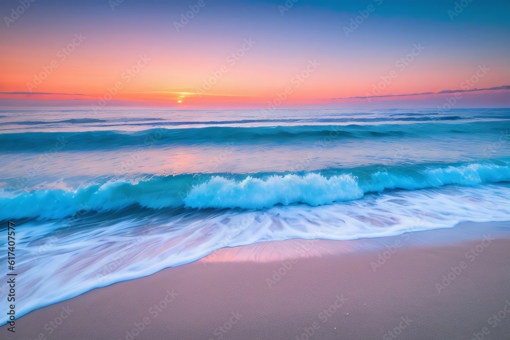 Calm sea and sunset rays in a paradise corner. Generative AI