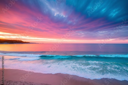 Romantic sunset over the fabulous sea. Generative AI