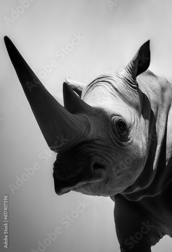 Photography Side view of a rhinoceros head. Black and white vertical photo