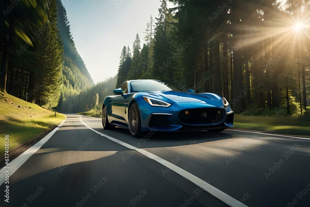 A luxury sports car driving on a scenic mountain pass, surrounded by lush greenery and winding roads.