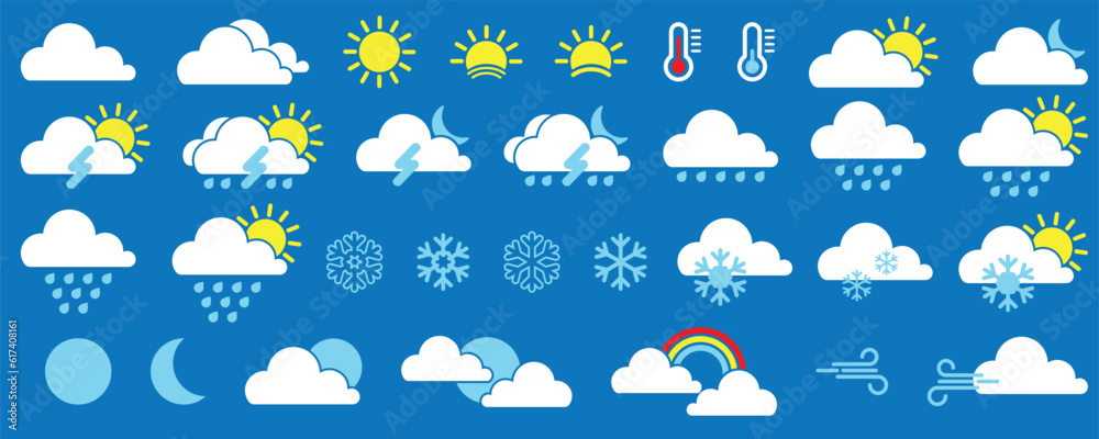Obraz premium Weather forecast icon set, Weather flat icons collection. Meteorology symbols vector illustration.