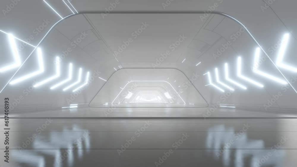 3d rendering of white abstract sci-fi tunnel, Futuristic spaceship corridor. Loop animation.