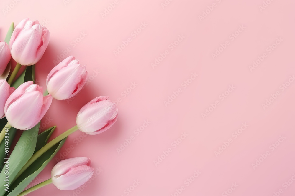 Tulips on a pink background. Background with copy space. AI generative.