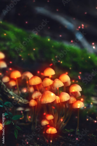 Neon glow mushrooms growing on a mossy tree stump in the magic forest. Fairytail magic forest.