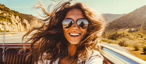 Young beautiful woman in an open top car. Car travel. Happy woman ejoy in convertible auto in summer trip holiday vacation. driving and having fun concept, digital ai
 #617409538