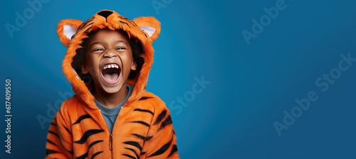 Cute Young Boy Dressed as a Tiger for Halloween on an Blue Banner with Space for Copy