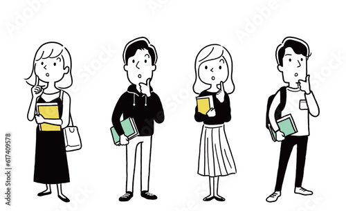 ベクターイラスト素材：疑問を持つ大学生の男性と女性、人物セット
