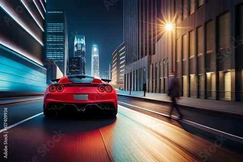 A sports car driving through a vibrant city street at night, with colorful lights and a lively urban atmosphere.