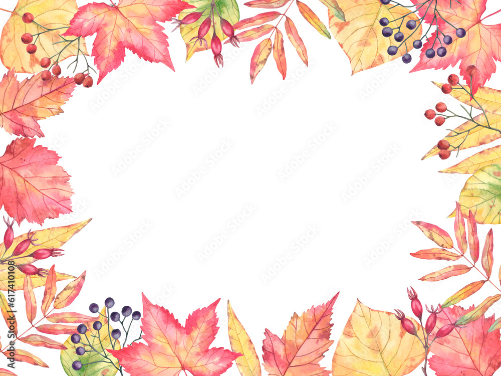 Rectangular frame of autumn leaves and berries on a white background. Hand-drawn watercolor illustration. Red and yellow brightly colored leaves in different shapes with space for text in the middle. 