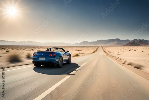 A sports car zooming across a desert landscape, leaving a trail of dust behind and against a clear blue sky. © Muhammad