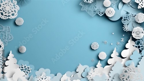 cartoon origami blue christmas background art snowflakes paper tree winter merry. Generative AI.