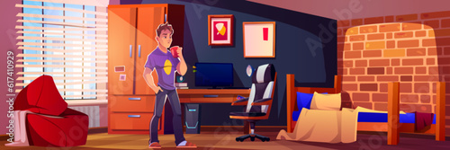 Teen boy in bedroom vector cartoon home interior background. Children house with study desk, drawer and poster. Geek or gamer teenager character design with window and computer in dorm apartment.
