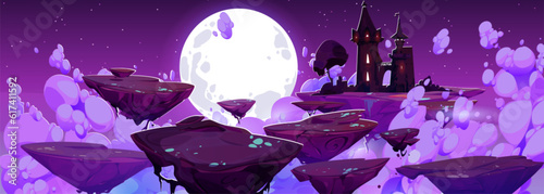 Mystery floating rock islands, fantasy sky road to magic castle vector background. Medieval kingdom fairytale landscape illustration at night. Halloween fortress silhouette with cloud and moonlight.