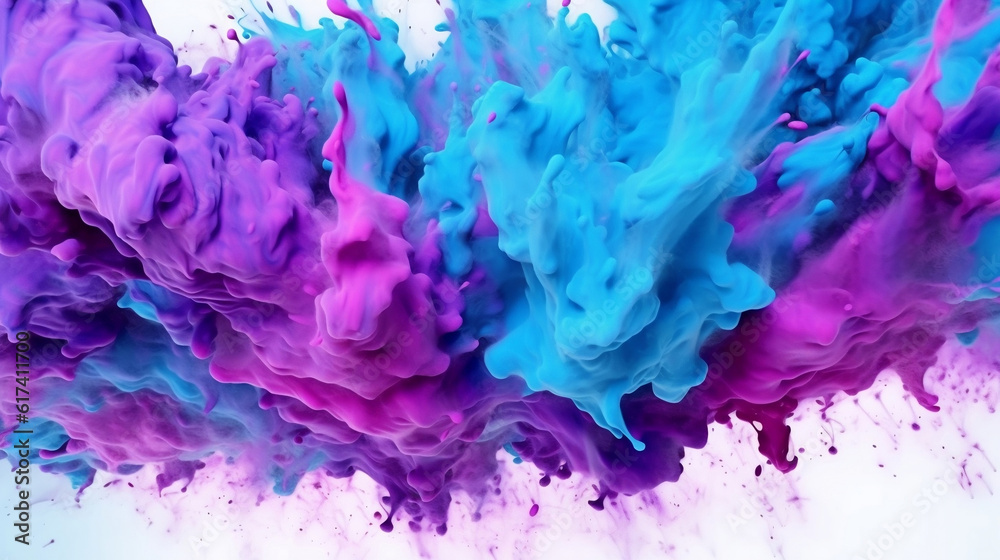 Colorful acrylic paint color in water isolated on white, multicolor ink drop sputter splashing underwater, smoke, wave, creativity, fashion, beauty, abstract background. Generative AI