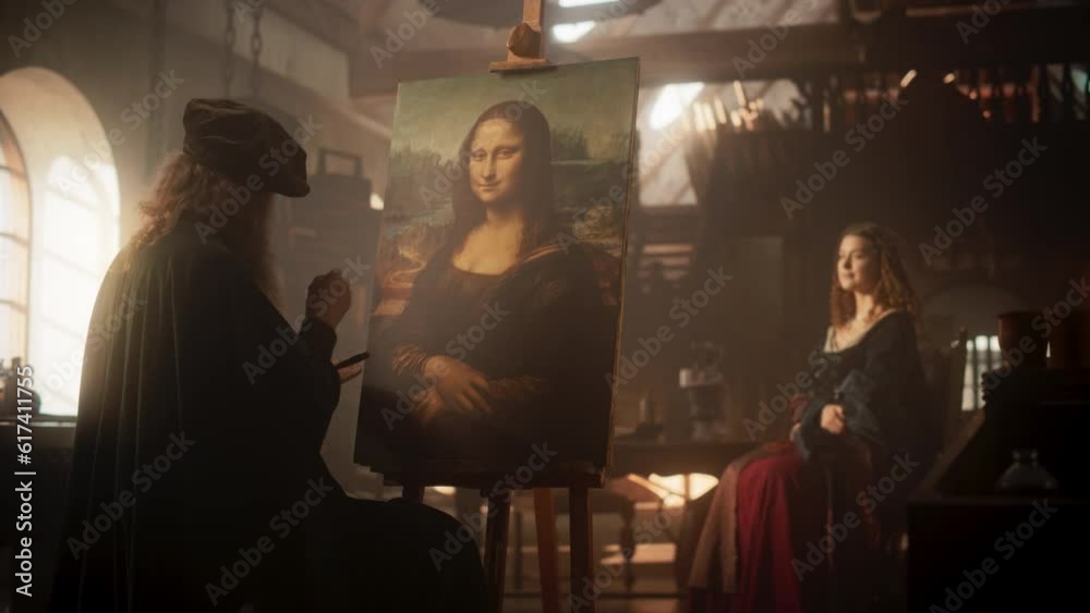 Creation of High Art: Documentary Depiction Scene of the Famous Leonardo da Vinci Creating his Famous Painting of the Mona Lisa in his Workshop. Historical Figure Making History with his Art Creation of High Art: Documentary Depiction Scene of the Famous Leonardo da Vinci Creating his Famous Painting of the Mona Lisa in his Workshop. Historical Figure Making History with his Art
