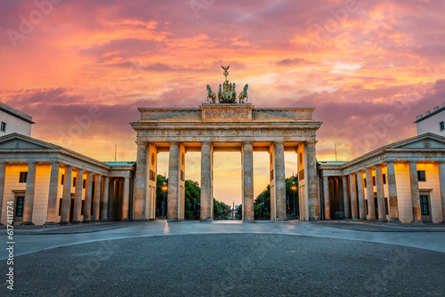 Brandenburg gate illuminated at sunset in Berlin  Germany